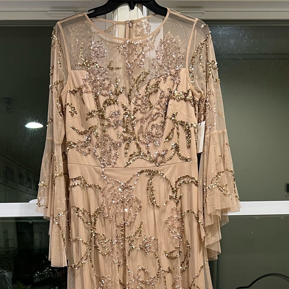 Aidan Mattox beaded gold 3/4 ruffle bell sleeve long gown - Picture 7 of 16